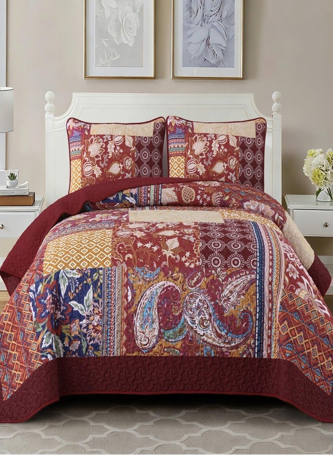 DJY Patchwork Quilt Set California King Size Red Bohemian Floral Paisley Quilt Bedding Set, 3 Pieces Boho Burgundy Vintage Bedspread Microfiber Reversible Cal King Coverlet for All Season 112''x96'' - Image 1
