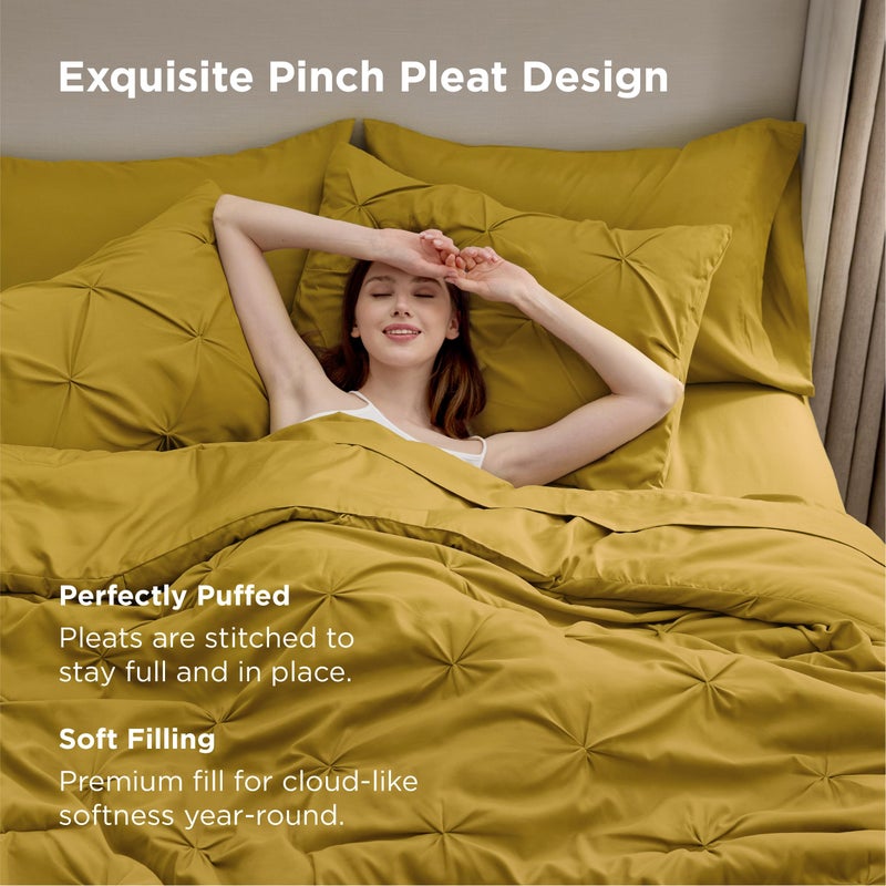 Bedsure Full Comforter Set Mustard Yellow - Bed in a Bag Full Size Bedding Set 7 Pieces, GentleSoftâ„¢ Pintuck Bed Set Gift for Family, Pinch Pleat All Season Comforter with Sheets, Pillowcases & Shams - Image 4