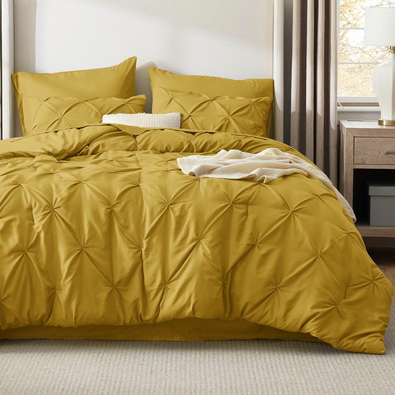 Bedsure Full Comforter Set Mustard Yellow - Bed in a Bag Full Size Bedding Set 7 Pieces, GentleSoftâ„¢ Pintuck Bed Set Gift for Family, Pinch Pleat All Season Comforter with Sheets, Pillowcases & Shams - Image 2