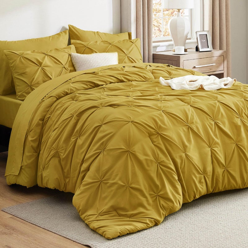 Bedsure Full Comforter Set Mustard Yellow - Bed in a Bag Full Size Bedding Set 7 Pieces, GentleSoftâ„¢ Pintuck Bed Set Gift for Family, Pinch Pleat All Season Comforter with Sheets, Pillowcases & Shams - Image 1