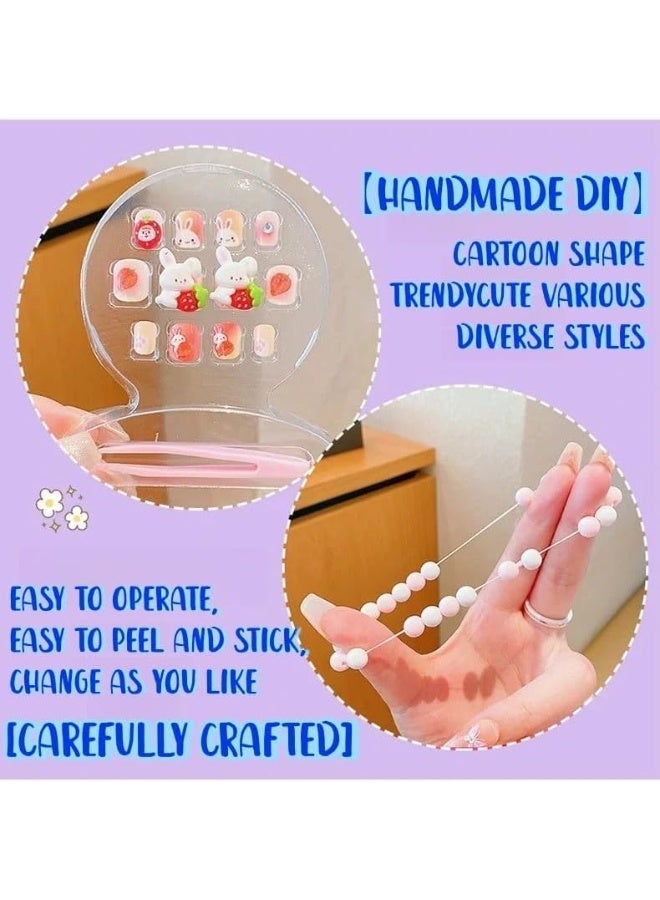 Press on Nails for Girls, 12 PCS Short Fake Nails with Cartoon Designs, Full Cover Artificial Nails for Kids, Easy Apply Nail Tips with Cute Bracelets and Stickers，Safe & Easy to Use,Ideal Gift for Girls Ages 8-10 - Image 4