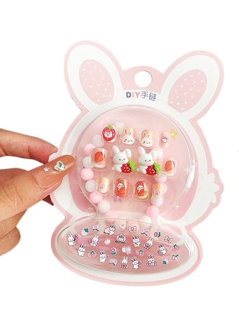 Press on Nails for Girls, 12 PCS Short Fake Nails with Cartoon Designs, Full Cover Artificial Nails for Kids, Easy Apply Nail Tips with Cute Bracelets and Stickers，Safe & Easy to Use,Ideal Gift for Girls Ages 8-10 - Image 1