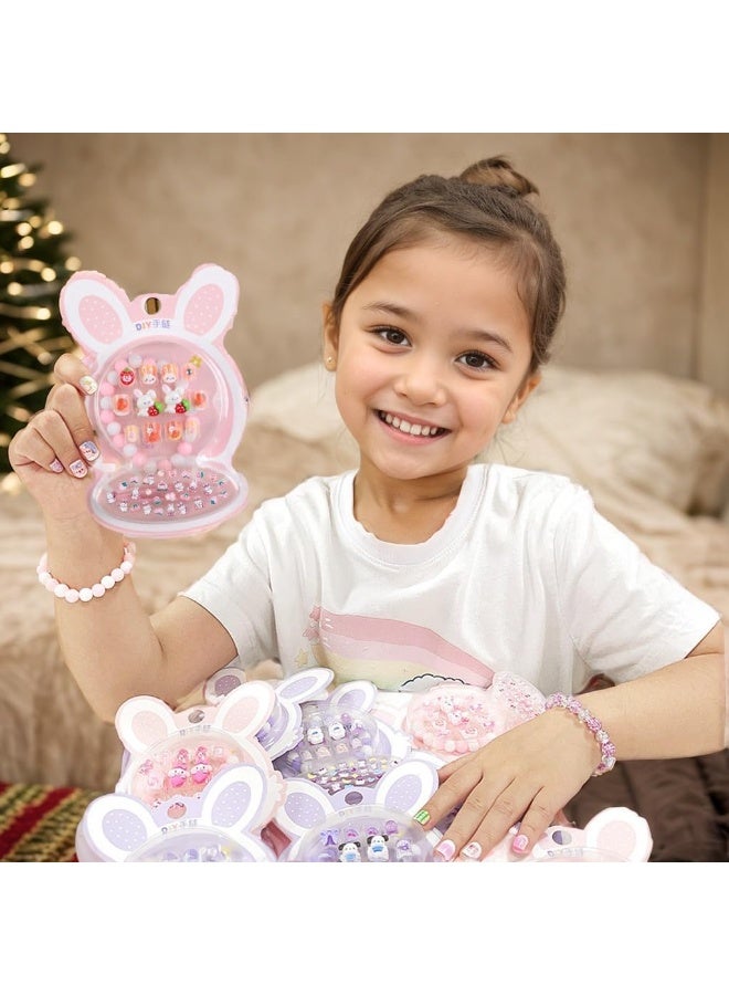 Press on Nails for Girls, 12 PCS Short Fake Nails with Cartoon Designs, Full Cover Artificial Nails for Kids, Easy Apply Nail Tips with Cute Bracelets and Stickers，Safe & Easy to Use,Ideal Gift for Girls Ages 8-10 - Image 2