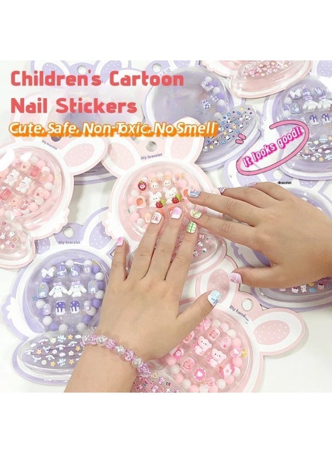 Press on Nails for Girls, 12 PCS Short Fake Nails with Cartoon Designs, Full Cover Artificial Nails for Kids, Easy Apply Nail Tips with Cute Bracelets and Stickers，Safe & Easy to Use,Ideal Gift for Girls Ages 8-10 - Image 3