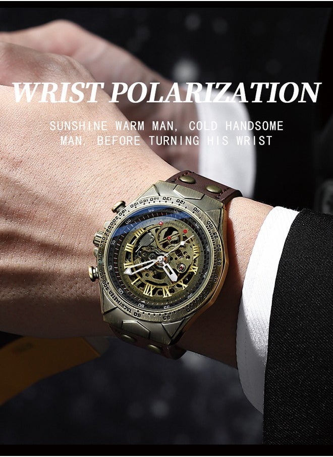 BINBOND BINBOND Vintage Men's Fashion Watch, Antique Brass Automatic Mechanical Wristwatch with High Hardness Coated Glass and Leather Strap  - Image 2