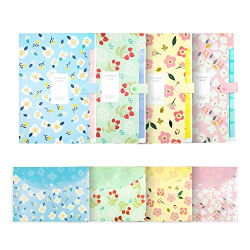POTTIIS Flower Design Expanding File Folders, 8 Pocket, 4 Pack, A4 Letter Size, Poly Material, 12.8 x 9.3 in - Image 1