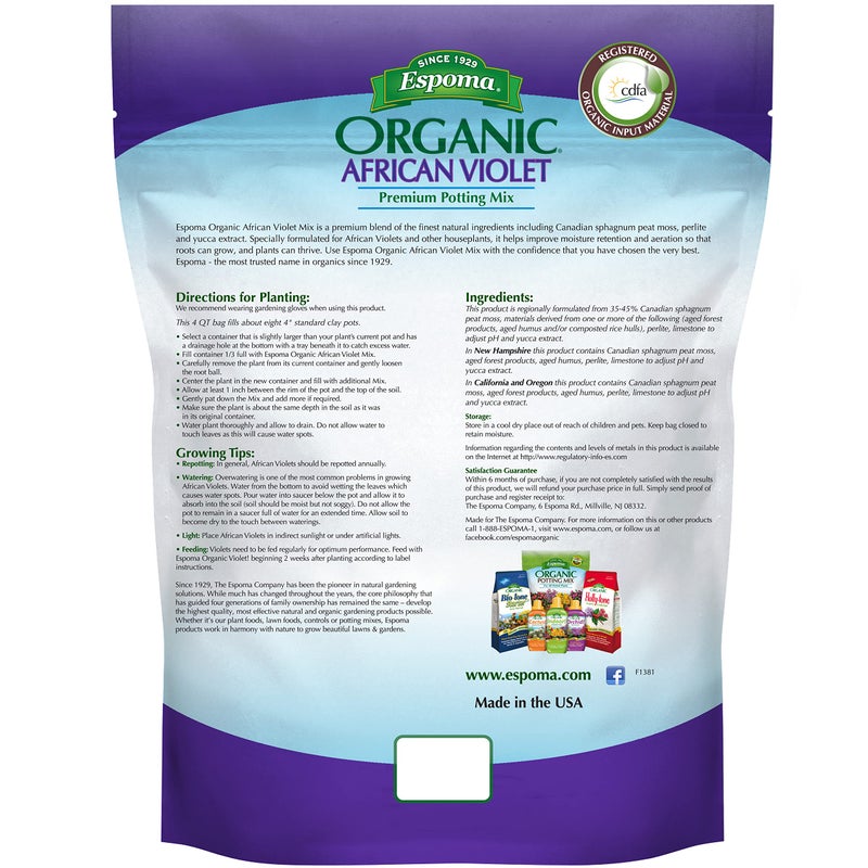 Espoma Organic Natural and Organic Premium Potting Soil Mix for African Violets and All Indoor Flowering Houseplants. for Organic Gardening. 4 Quart Bag - Image 2