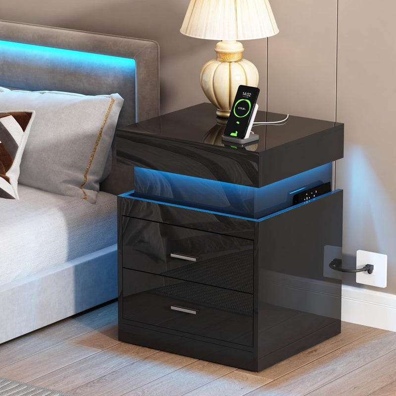ChooChoo LED Nightstand with Charging StationSmart Night Stand with Sliding Top Storage 2Drawers High Gloss Bedside Table Modern End Table for BedroomBlack