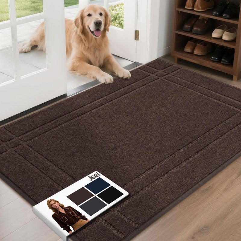 JSEI Entryway Rugs Doormat 32"x48", Non-Slip Dirt Trapper Door Mats Indoor, Washable Absorbent and Stain Resist Welcome Floor Mat for Front Door, Dog Door Mat, Muddy Wet Shoes & Paws, Brown - Image 1