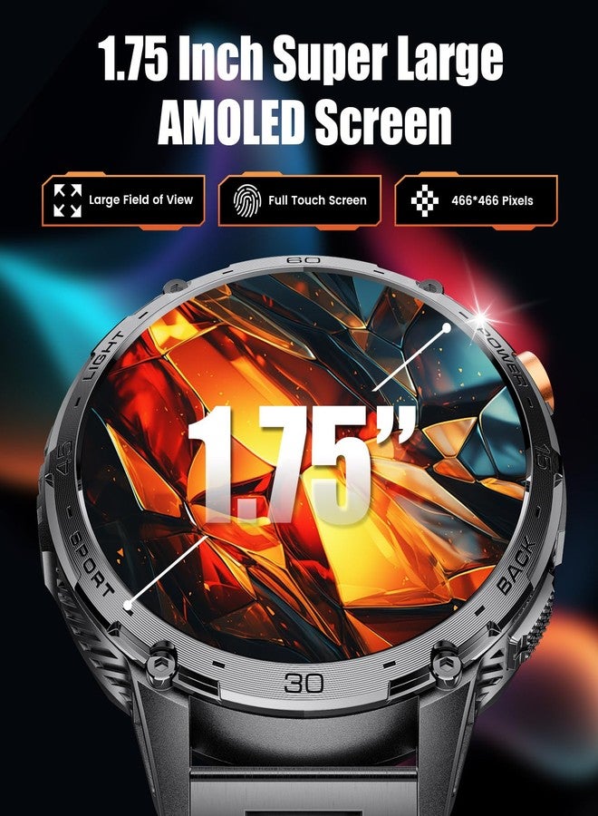 لييج ساعة LIGE العسكرية الذكية للرجال، 730 مللي أمبير/ساعة/شاشة لمس AMOLED عالية الدقة كبيرة 1.75 بوصة مع مصباح يدوي LED لنظام Android وiOS، وجهاز تتبع اللياقة البدنية مع أكثر من 110 وضع رياضي/معدل ضربات القلب/مراقبة النوم، لون أسود - Image 2