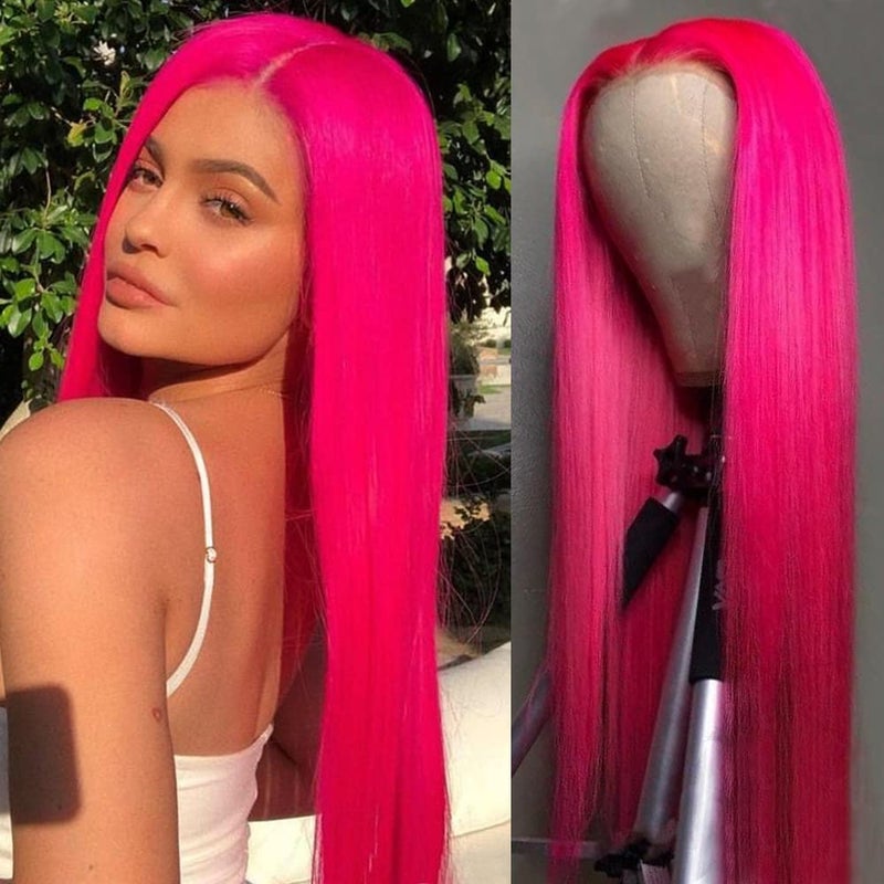 QD-Tizer Hot Pink Lace Front Wigs Long Straight Hair Rose Red Color Glueless Heat Resistant Synthetic Lace Wigs for Fashion Women 24 inch - Image 1