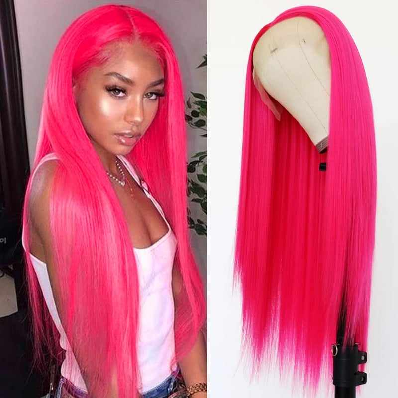 QD-Tizer Hot Pink Lace Front Wigs Long Straight Hair Rose Red Color Glueless Heat Resistant Synthetic Lace Wigs for Fashion Women 24 inch - Image 2