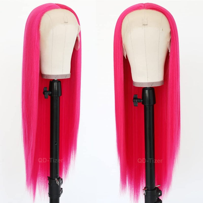 QD-Tizer Hot Pink Lace Front Wigs Long Straight Hair Rose Red Color Glueless Heat Resistant Synthetic Lace Wigs for Fashion Women 24 inch - Image 4