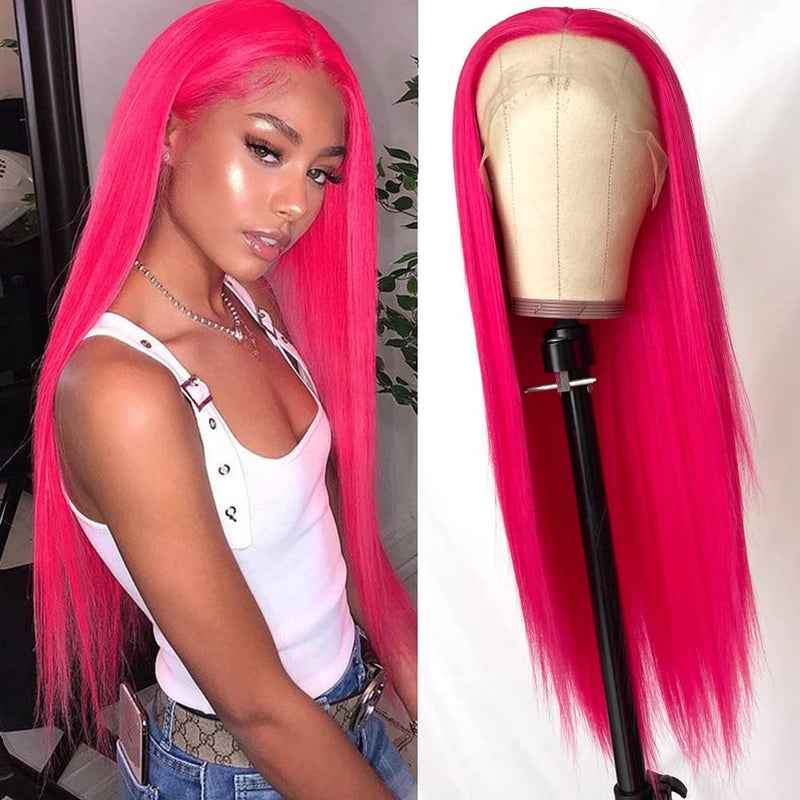 QD-Tizer Hot Pink Lace Front Wigs Long Straight Hair Rose Red Color Glueless Heat Resistant Synthetic Lace Wigs for Fashion Women 24 inch - Image 3