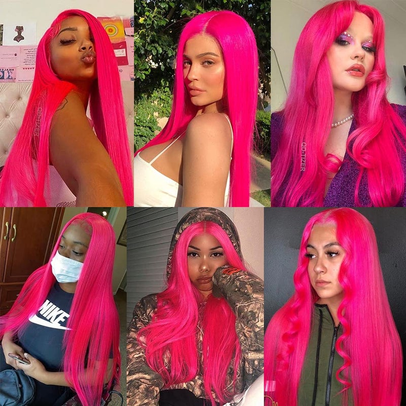 QD-Tizer Hot Pink Lace Front Wigs Long Straight Hair Rose Red Color Glueless Heat Resistant Synthetic Lace Wigs for Fashion Women 24 inch - Image 5