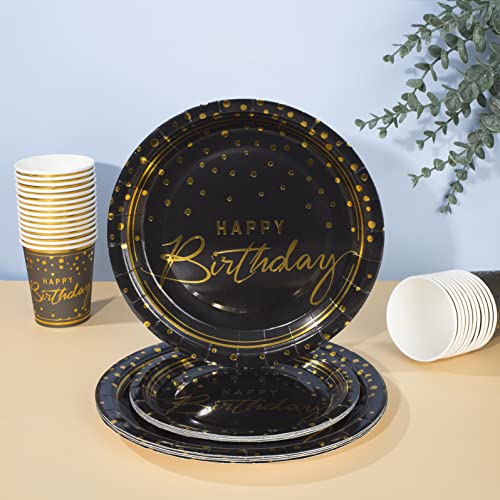 Tyzarglef 175PCS Happy Birthday Disposable Dinnerware Set Party Supplies, Paper Black Gold Plates and Napkins with Gold Plastic Forks Knives Spoons Serve 25 Guests for Birthday Party Decoration - Image 5