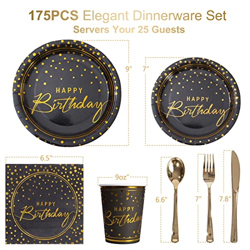 Tyzarglef 175PCS Happy Birthday Disposable Dinnerware Set Party Supplies, Paper Black Gold Plates and Napkins with Gold Plastic Forks Knives Spoons Serve 25 Guests for Birthday Party Decoration - Image 2