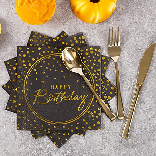 Tyzarglef 175PCS Happy Birthday Disposable Dinnerware Set Party Supplies, Paper Black Gold Plates and Napkins with Gold Plastic Forks Knives Spoons Serve 25 Guests for Birthday Party Decoration - Image 4