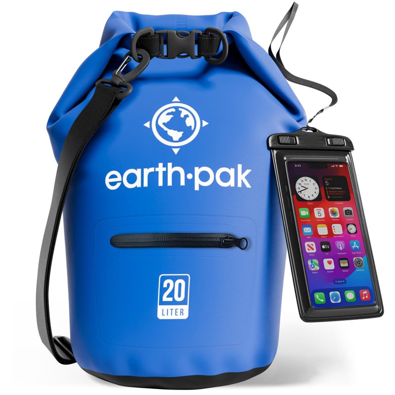 Earth Pak حقيبة جافة مقاومة للماء من Earth Pak مع جيب بسحاب - حقيبة ظهر مقاومة للماء تحافظ على المعدات جافة للتجديف، التخييم، الصيد، حقيبة الشاطئ، ملحقات الكاياك - حقائب جافة مقاومة للماء مع حافظة هاتف 20 لتر - Image 1