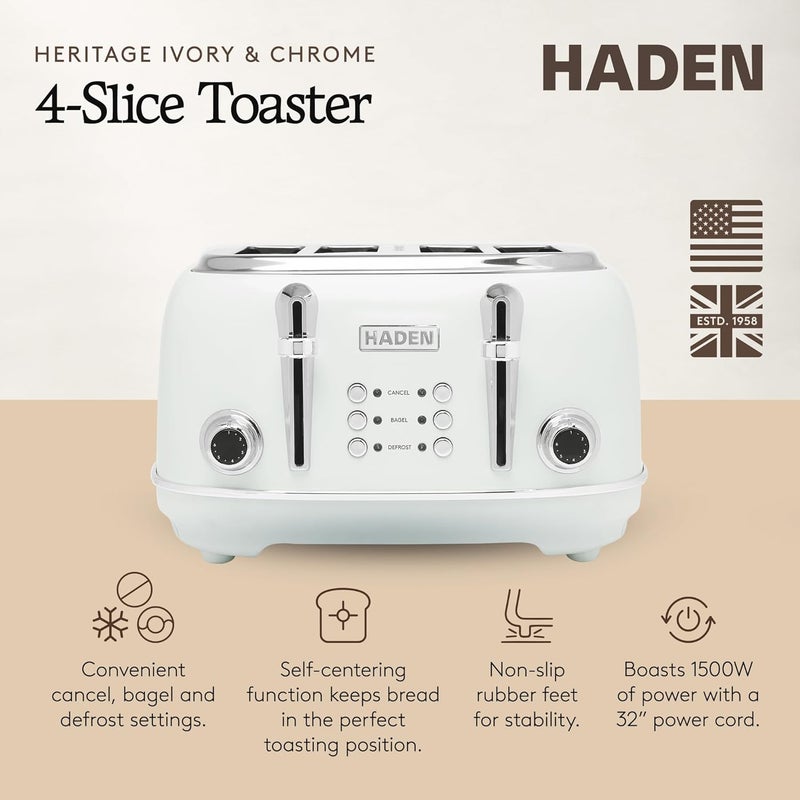 HADEN Heritage Toaster with Extra Wide Slots, 1500-Watt, Ivory & Chrome - Retro Stainless Steel Design with Self-Centering Function, Adjustable Browning Control & Removable Crumb Tray - Image 2