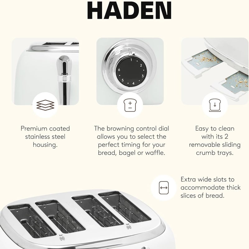 HADEN Heritage Toaster with Extra Wide Slots, 1500-Watt, Ivory & Chrome - Retro Stainless Steel Design with Self-Centering Function, Adjustable Browning Control & Removable Crumb Tray - Image 3