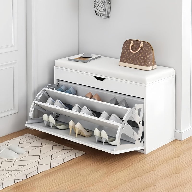 Shoe Storage Bench with Hidden Shoe Rack, Leather Entryway Shoe Bench Seat Shoe Organizer Shoe Cabinet, Modern Entry Decorative Furniture-C-Brown 60 x 30 x 50 cm (B-Black) - Image 1