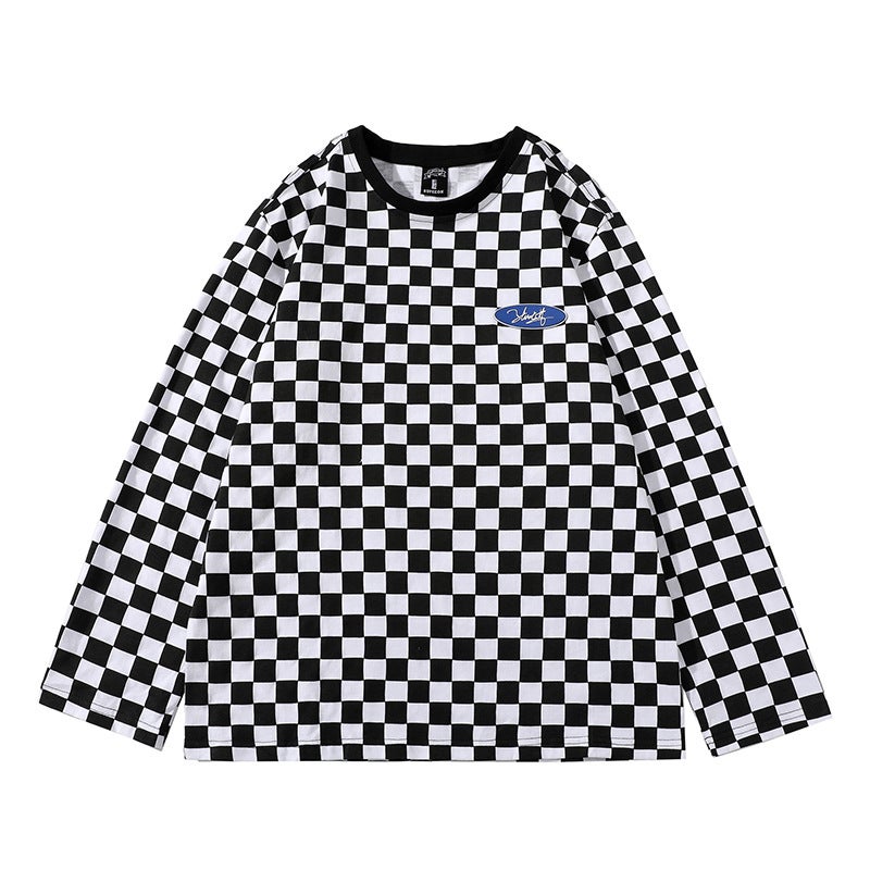 Checkerboard Contrast Color Plaid T-shirt Hong Kong-style Loose Trendy Long-sleeved Ins Casual T-shirt Autumn Jacket Trendy Brand C6753# Plaid print 