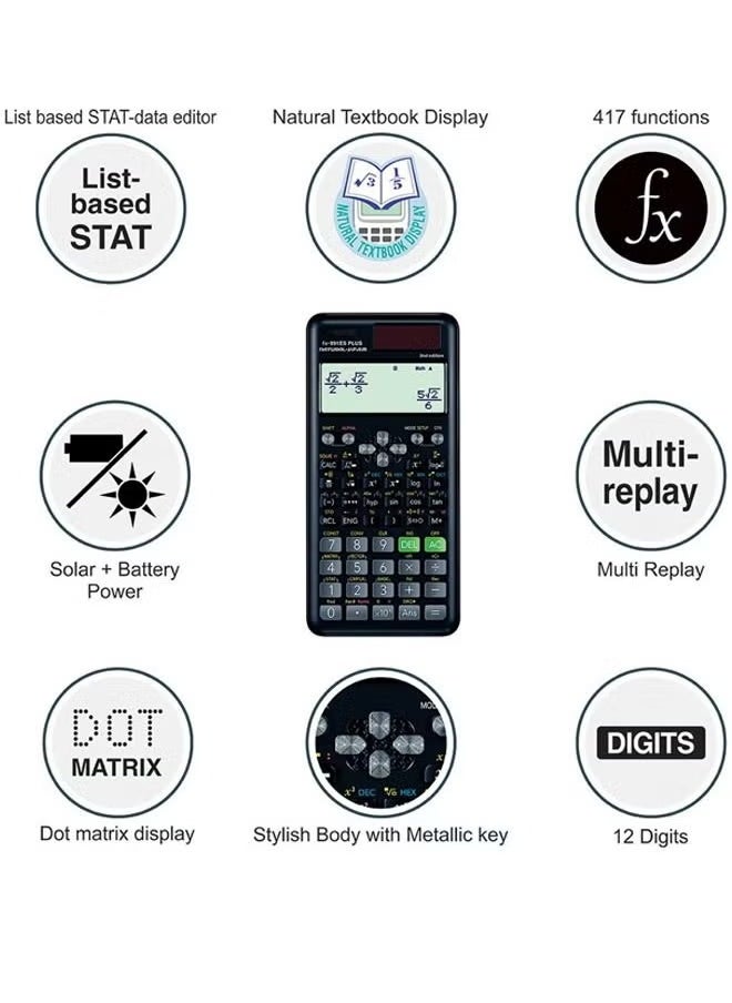 Fazza - Advanced Engineering Science Calculator with Protective Cover, 417 Functions, Digital LCD Display, fx-991ES Plus-2 (2nd edition) - Perfect for Students and Professionals (Black) - Image 1