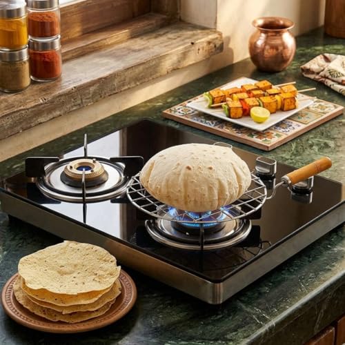 Vipron Papad Jali Roast Paneer Grill Roti Maker | Round Barbeque Chapati Toast Grill with Wooden Handle | Stainless Steel Vegetable Tandoor Net for Baigan Bharta, Roti, Papad & BBQ Use - Image 3