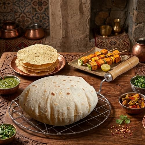 Vipron Papad Jali Roast Paneer Grill Roti Maker | Round Barbeque Chapati Toast Grill with Wooden Handle | Stainless Steel Vegetable Tandoor Net for Baigan Bharta, Roti, Papad & BBQ Use - Image 5