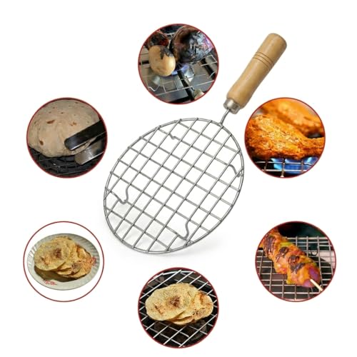 Vipron Papad Jali Roast Paneer Grill Roti Maker | Round Barbeque Chapati Toast Grill with Wooden Handle | Stainless Steel Vegetable Tandoor Net for Baigan Bharta, Roti, Papad & BBQ Use - Image 4