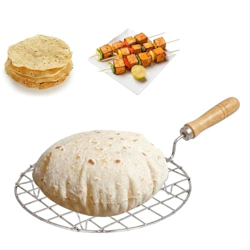 Vipron Papad Jali Roast Paneer Grill Roti Maker | Round Barbeque Chapati Toast Grill with Wooden Handle | Stainless Steel Vegetable Tandoor Net for Baigan Bharta, Roti, Papad & BBQ Use - Image 1