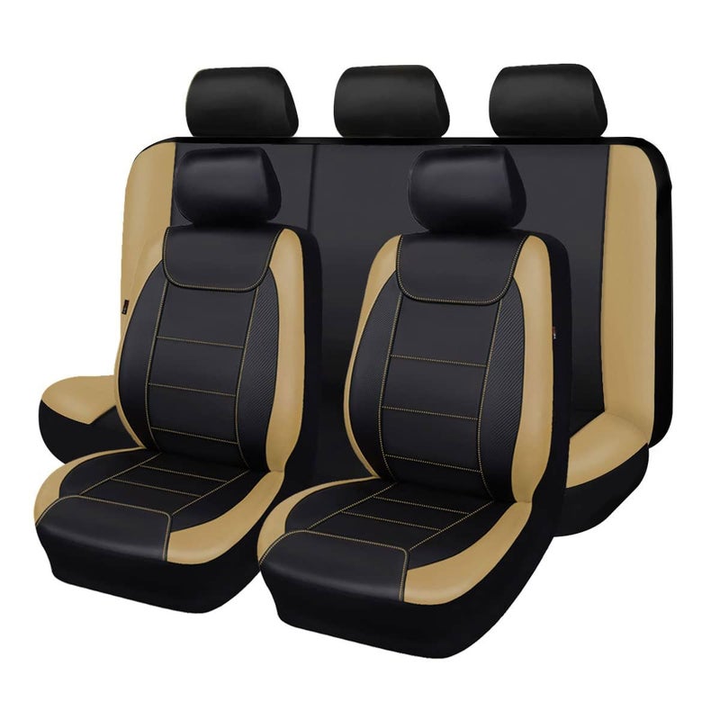 Flying Banner car seat Covers Protects Water Proof Faux Leather Carbon Fiber Front and Rear Bench Black Beige Full Set  8PCS