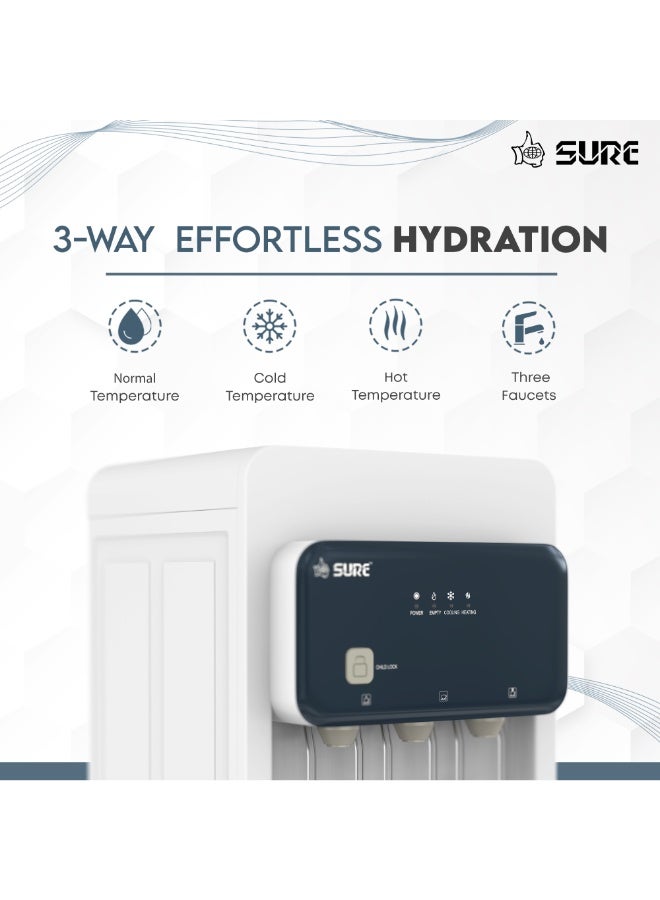 SURE 3-Tap Bottom Loading Water Dispenser – Instant Hot, Cold & Room Temperature Water, Child Safety Lock, Stainless Steel Construction, Triple Faucet System, Suitable for Home & Office, 220-240V – SBL2270WP SBL2270WP Black - Image 5