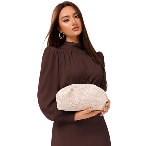 PHILOMENA Women's Woven Evening Bag Vegan Leather Clutch Purse Dumpling Ruched Bag Party Wedding Elegant Handbags (Beige) - Image 2