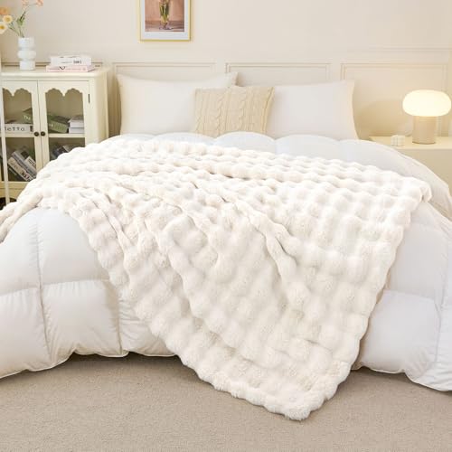 Admitrack Faux Rabbit Fur Throw Blanket for Couch, Fluffy Warm Plush Thick Bubble Blanket for Bed Sofa Living Room, Soft Cozy Furry Blanket Home Decor, 50x60 inches, Cream White - Image 5