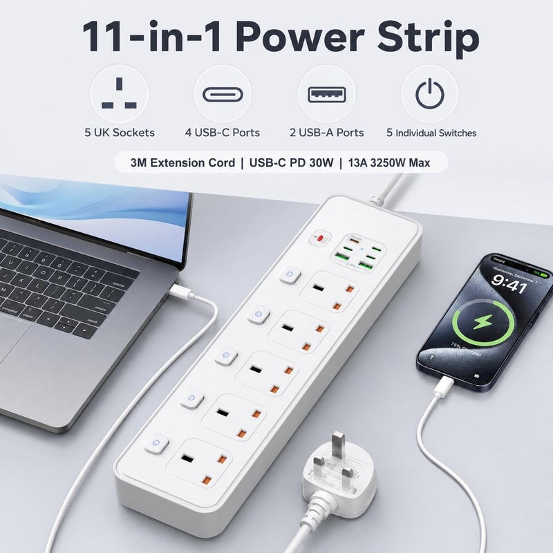  قورق الصحراء مقبس تمديد بطول 3 أمتار مع منفذ USB-C PD بقدرة 30 واط، ومقبس تمديد بريطاني بخمسة منافذ، و5 مقابس و6 منافذ USB، ومفاتيح فردية، 13 أمبير 3250 واط، قابل للتثبيت على الحائط، أبيض - Image 2
