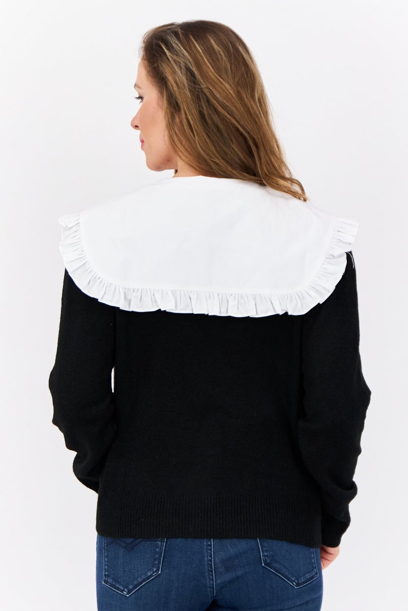 MANGO Women Spread Collar Knitted Sweater, Black - Image 4