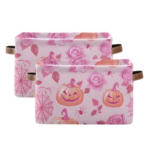 KUEJOP Storage Basket Halloween Pumpkin with Pink Rose Canvas Collapsible Box Organizer Bin with Handles - Image 3