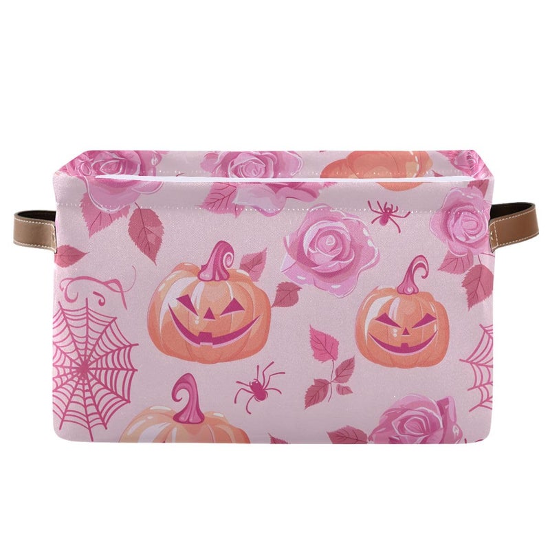 KUEJOP Storage Basket Halloween Pumpkin with Pink Rose Canvas Collapsible Box Organizer Bin with Handles - Image 2