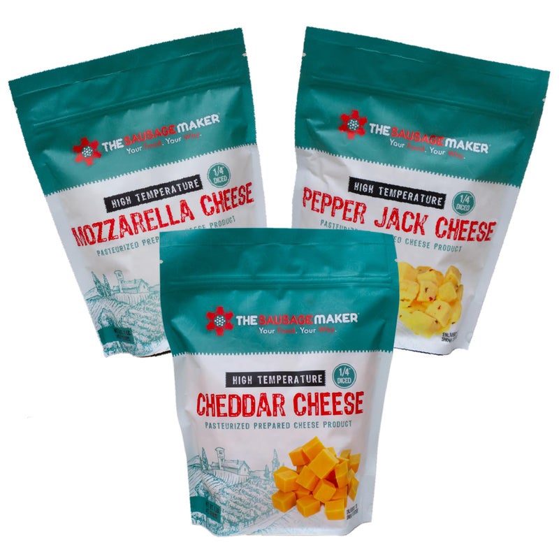 The Sausage Maker - High Temperature Cheese Assortment Pack - 3, 1 pound Packs - Cheddar, Hot Pepper and Mozzarella - Image 1