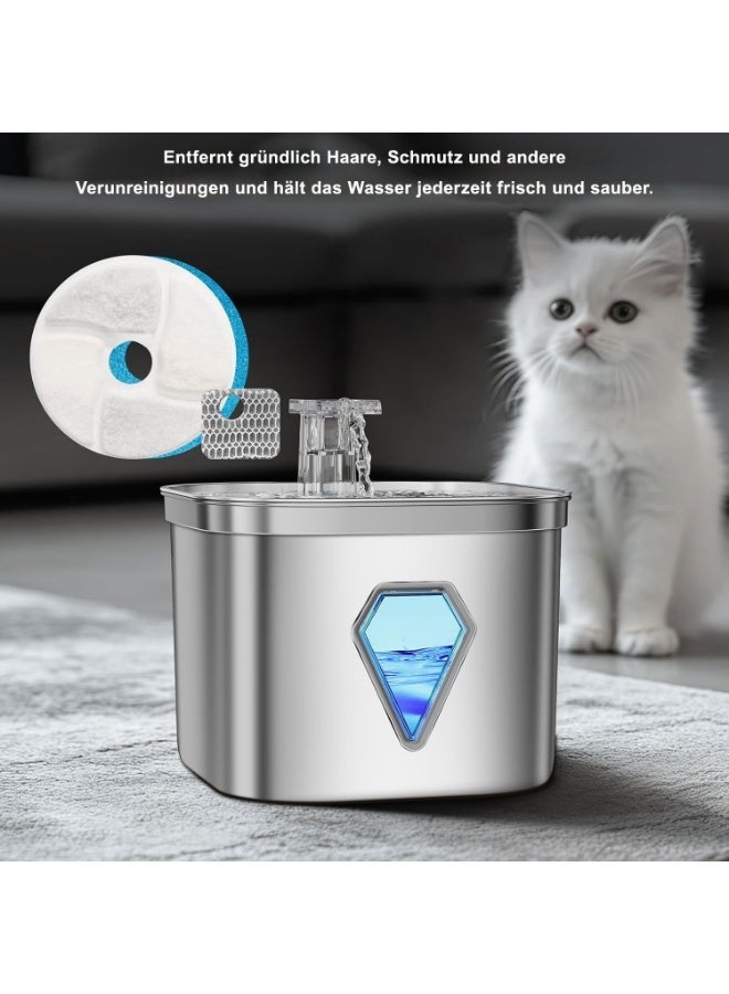 Tyonto نافورة شرب قطط من الفولاذ المقاوم للصدأ سعة 2.5 لتر مع ضوء LED، هادئة للغاية، موزع مياه نافورة بشحن USB، نافورة مياه وفحم نشط، فلترة بخمس مراحل، للقطط والكلاب. - Image 2