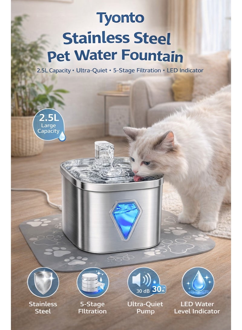 Tyonto نافورة شرب قطط من الفولاذ المقاوم للصدأ سعة 2.5 لتر مع ضوء LED، هادئة للغاية، موزع مياه نافورة بشحن USB، نافورة مياه وفحم نشط، فلترة بخمس مراحل، للقطط والكلاب. - Image 1