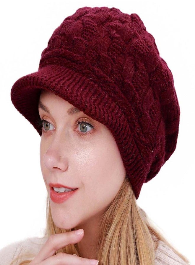 Aksod Winter Hats Knitted Beanie Hat with Visor Slouchy Skull Hat Warm Beanie Cap Headwear for Women (US, Alpha, Small, Medium, Dark Red) - Image 1