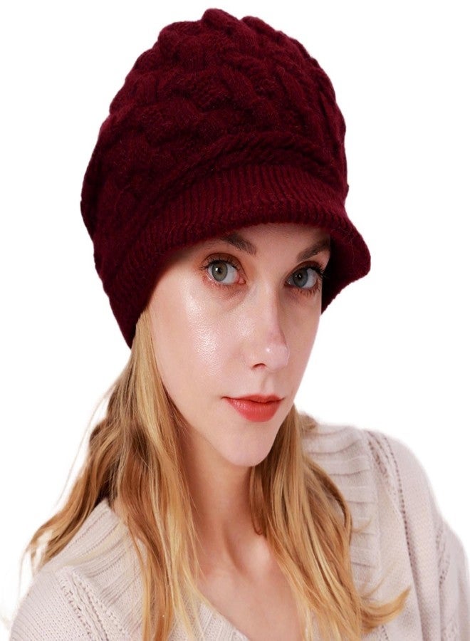 Aksod Winter Hats Knitted Beanie Hat with Visor Slouchy Skull Hat Warm Beanie Cap Headwear for Women (US, Alpha, Small, Medium, Dark Red) - Image 5