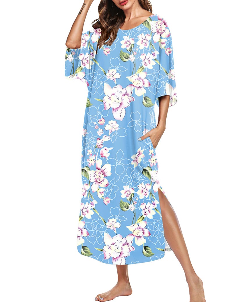 Ekouaer Women's Nightgown Short Sleeve Sleepshirt Long Loungewear Casual Maxi Lounge Dress House Dresses with Pockets,Flower Blue,L - Image 1