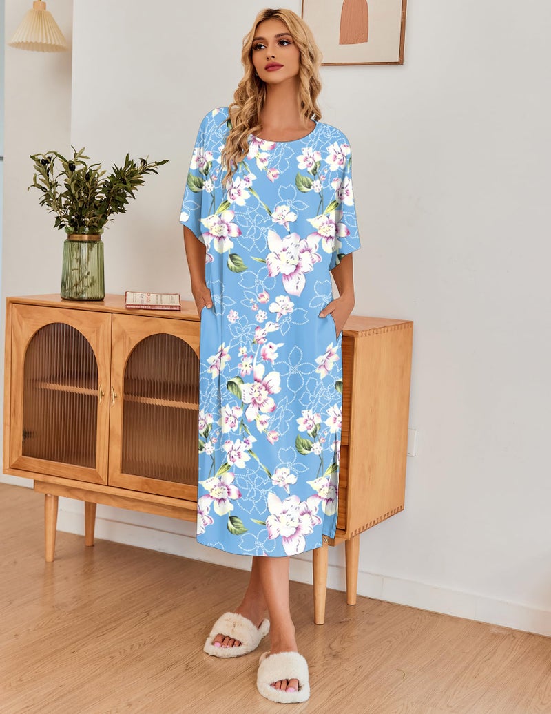 Ekouaer Women's Nightgown Short Sleeve Sleepshirt Long Loungewear Casual Maxi Lounge Dress House Dresses with Pockets,Flower Blue,L - Image 2