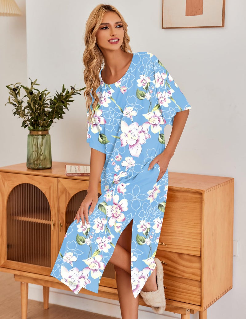Ekouaer Women's Nightgown Short Sleeve Sleepshirt Long Loungewear Casual Maxi Lounge Dress House Dresses with Pockets,Flower Blue,L - Image 3