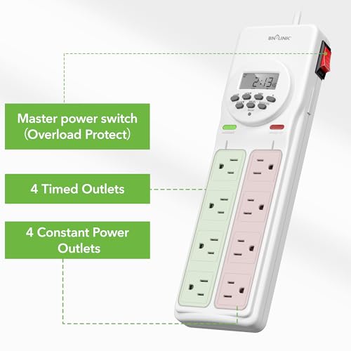 BN-LINK 8 Outlet Surge Protector with 7-Day Digital Timer (4 Outlets Timed, 4 Outlets Always On) - White - Image 2