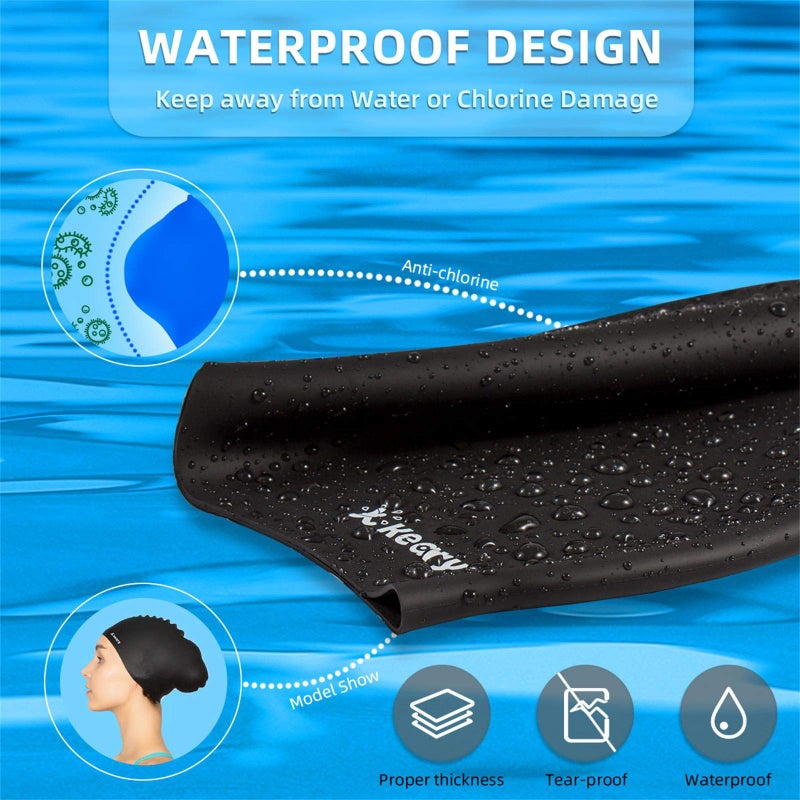 Keary 2 Pack Silicone Swim Cap For Long Hair Women Girl Men Waterproof Bathing Pool Swimming Cap Cover Ears To Keep Your Hair Dry  3D Soft Stretchable Durable And Anti-Slip  Easy To Put On And Off - Image 5